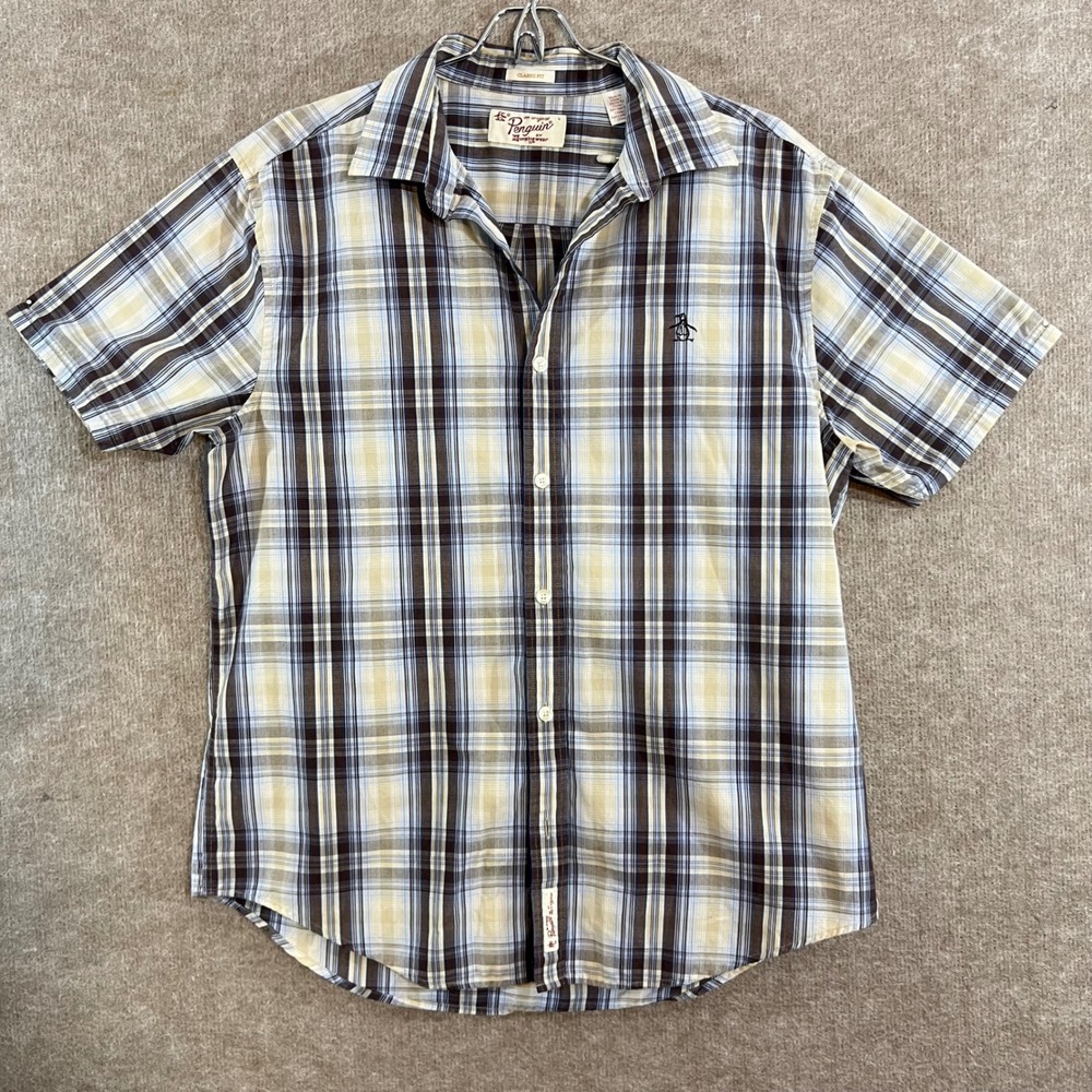 Original Penguin Button Down Shirt Mens Large Brown Plaid Short Sleeve Preppy